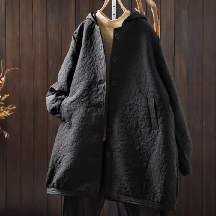 Chaqueta de mujer de algodón jacquard de manga larga y largo medio con botones y estampado de Buddha Stones, con bolsillos. - Negro - US12，UK/AU16，EU44 (XL) - image 17