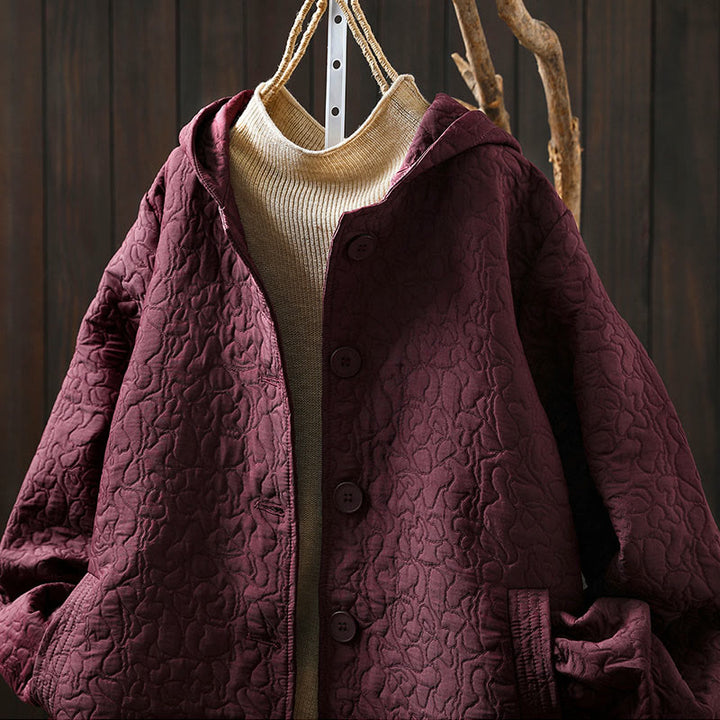 Chaqueta de mujer de algodón jacquard de manga larga y largo medio con botones y estampado de Buddha Stones, con bolsillos. - image 3