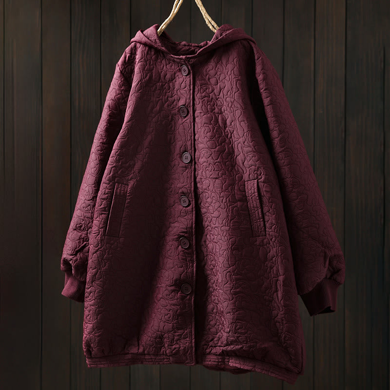 Chaqueta de mujer de algodón jacquard de manga larga y largo medio con botones y estampado de Buddha Stones, con bolsillos. - image 1