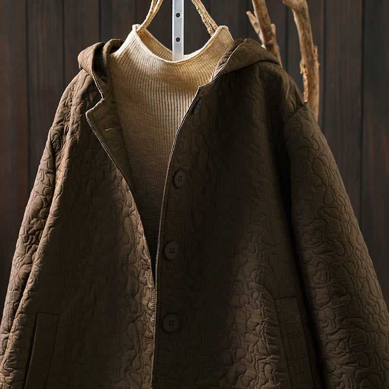 Chaqueta de mujer de algodón jacquard de manga larga y largo medio con botones y estampado de Buddha Stones, con bolsillos. - image 16