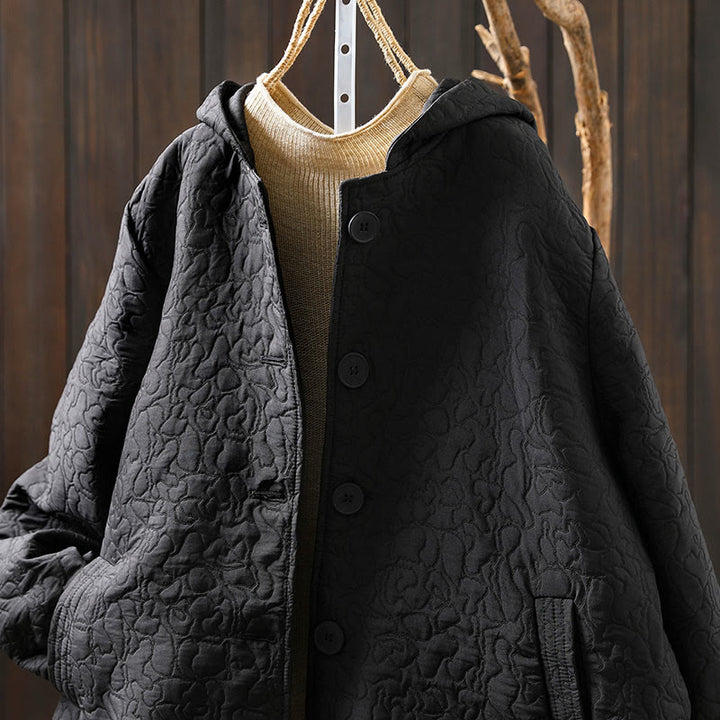 Chaqueta de mujer de algodón jacquard de manga larga y largo medio con botones y estampado de Buddha Stones, con bolsillos. - image 18