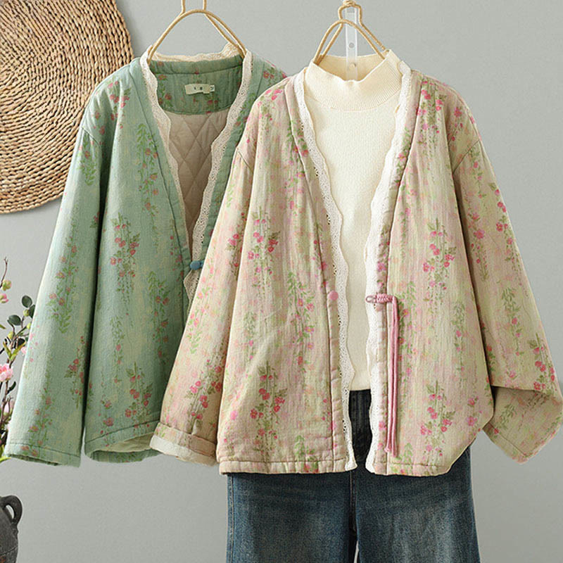 Chaqueta térmica de manga larga para mujer, de algodón, con bolsillos, estampado de encaje y Buddha Stones. - image 0