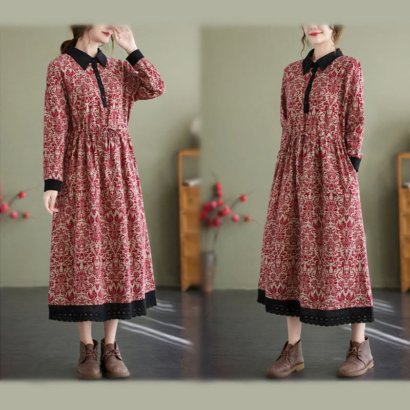 Vestido midi de algodón con estampado étnico de Buddha Stones, manga larga con cordón ajustable y bolsillos. - image 9