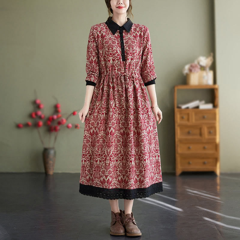 Vestido midi de algodón con estampado étnico de Buddha Stones, manga larga con cordón ajustable y bolsillos. - Carmesí - US8-10，UK/AU12-14，EU40-42 (2XL) - image 5