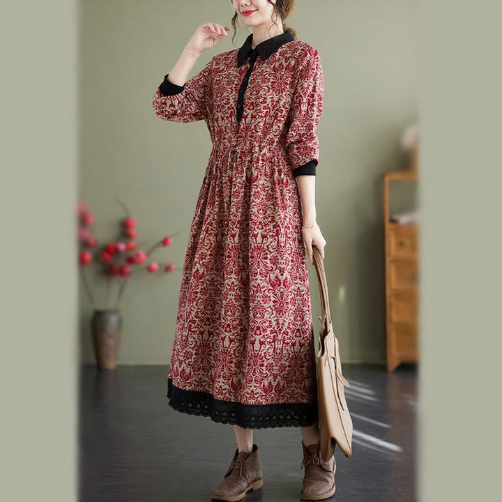 Vestido midi de algodón con estampado étnico de Buddha Stones, manga larga con cordón ajustable y bolsillos. - image 8