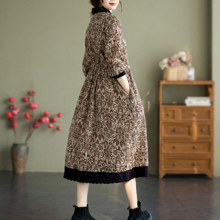Vestido midi de algodón con estampado étnico de Buddha Stones, manga larga con cordón ajustable y bolsillos. - image 20