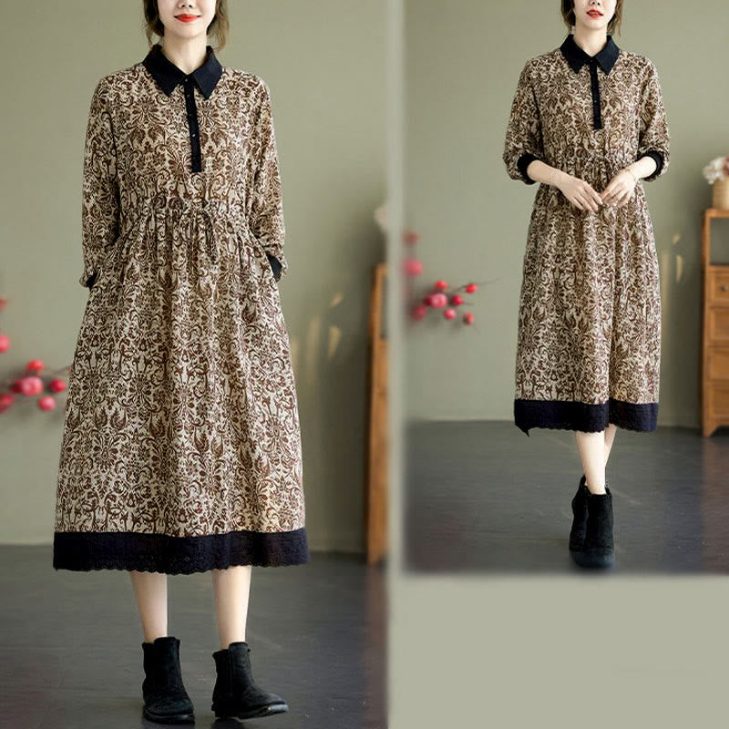 Vestido midi de algodón con estampado étnico de Buddha Stones, manga larga con cordón ajustable y bolsillos. - image 23