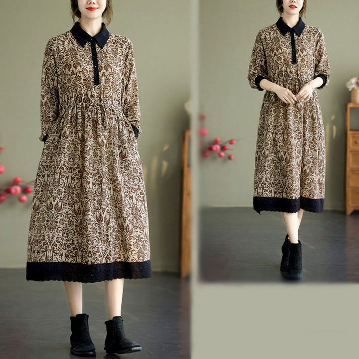 Vestido midi de algodón con estampado étnico de Buddha Stones, manga larga con cordón ajustable y bolsillos. - image 23