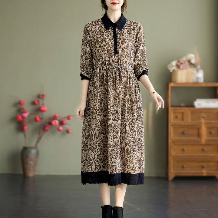 Vestido midi de algodón con estampado étnico de Buddha Stones, manga larga con cordón ajustable y bolsillos. - image 19