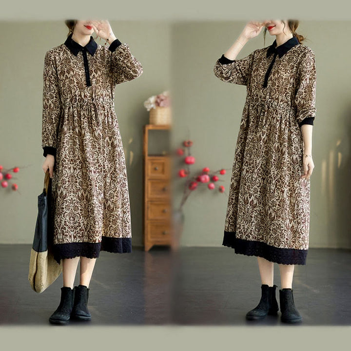 Vestido midi de algodón con estampado étnico de Buddha Stones, manga larga con cordón ajustable y bolsillos. - image 22
