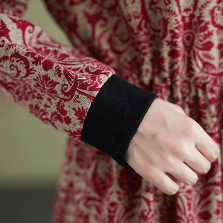 Vestido midi de algodón con estampado étnico de Buddha Stones, manga larga con cordón ajustable y bolsillos. - image 15