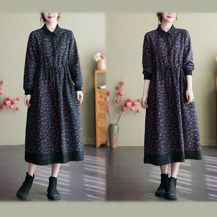 Vestido midi de algodón con estampado étnico de Buddha Stones, manga larga con cordón ajustable y bolsillos. - image 28