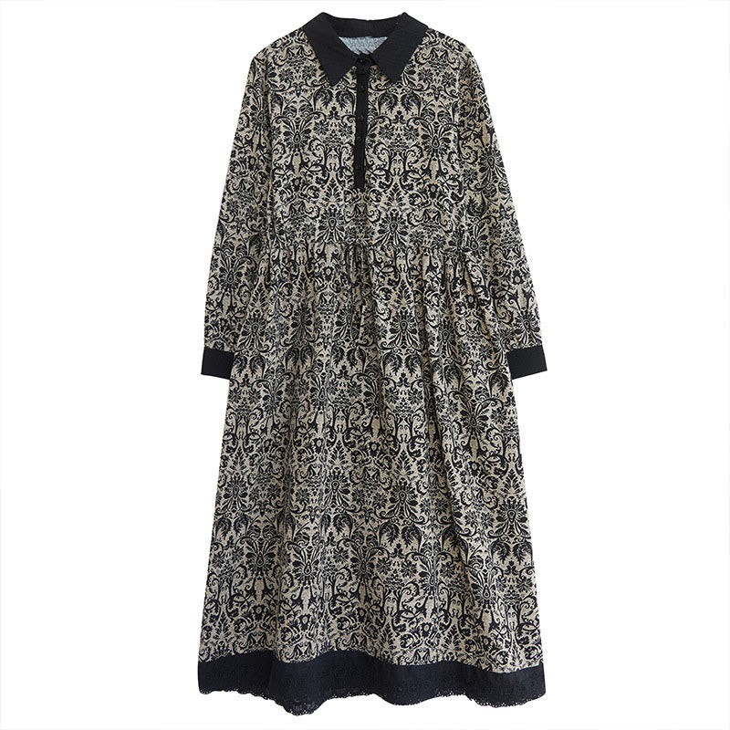 Vestido midi de algodón con estampado étnico de Buddha Stones, manga larga con cordón ajustable y bolsillos. - image 4