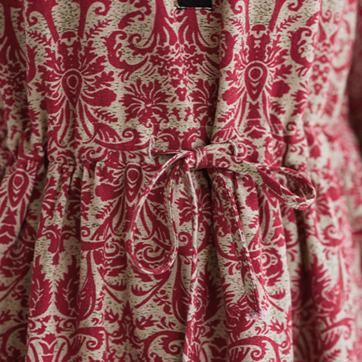 Vestido midi de algodón con estampado étnico de Buddha Stones, manga larga con cordón ajustable y bolsillos. - image 14