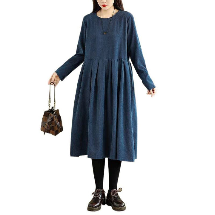 Vestido midi liso azul oscuro de pana con mangas largas y bolsillos, estampado de Buddha Stones. - image 16