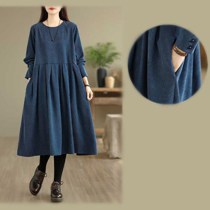 Vestido midi liso azul oscuro de pana con mangas largas y bolsillos, estampado de Buddha Stones. - image 14