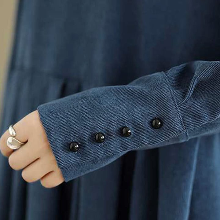 Vestido midi liso azul oscuro de pana con mangas largas y bolsillos, estampado de Buddha Stones. - image 10