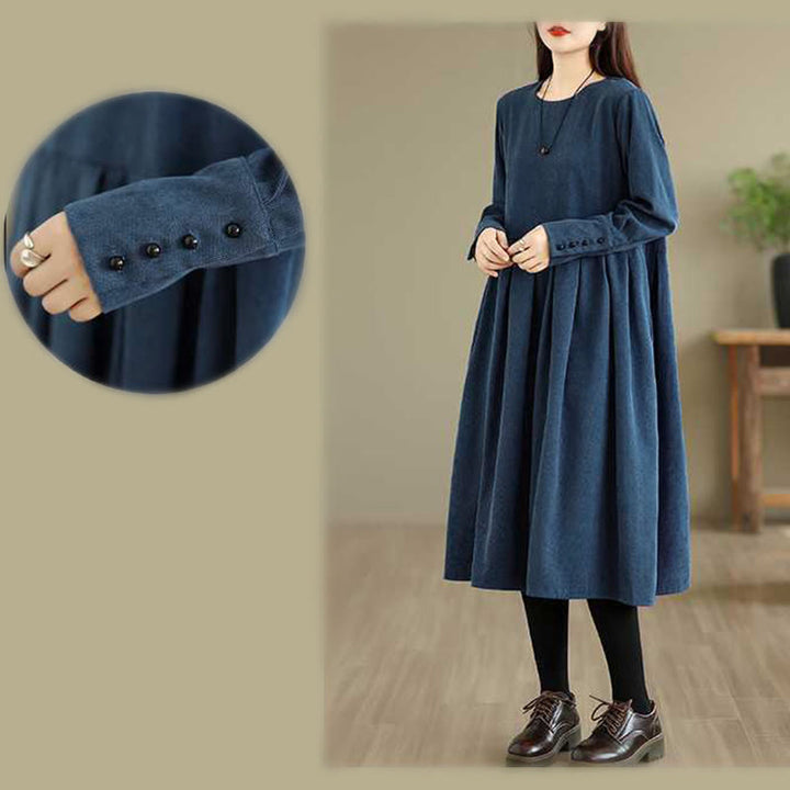Vestido midi liso azul oscuro de pana con mangas largas y bolsillos, estampado de Buddha Stones. - image 13