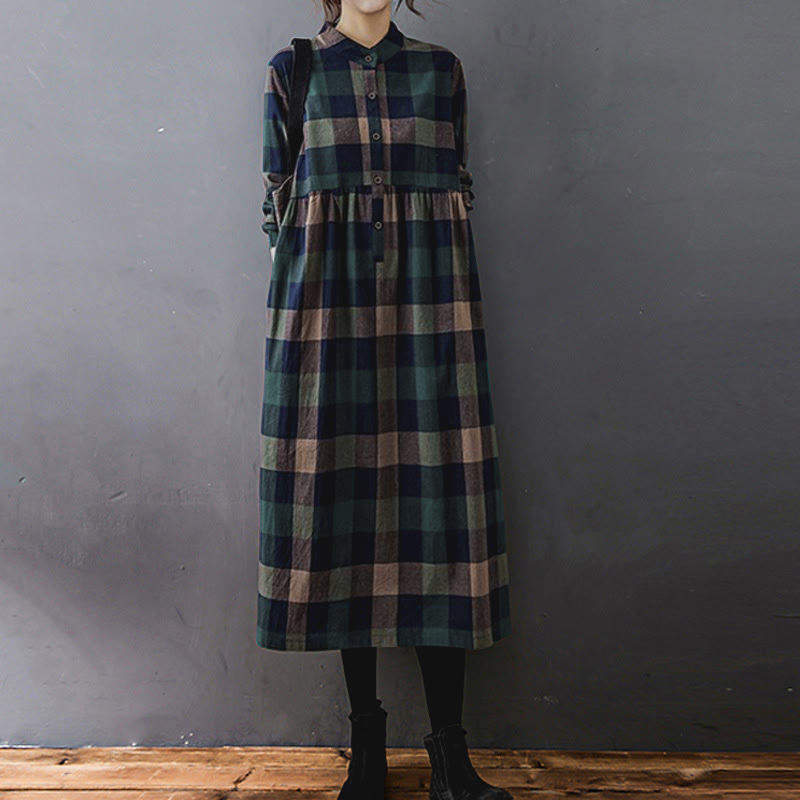 Vestido midi de manga larga a cuadros con estampado de retazos y Buddha Stones para desplazamientos diarios. - Cuadros verde oscuro y azul oscuro - US8-10，UK/AU12-14，EU40-42 (2XL) - image 0