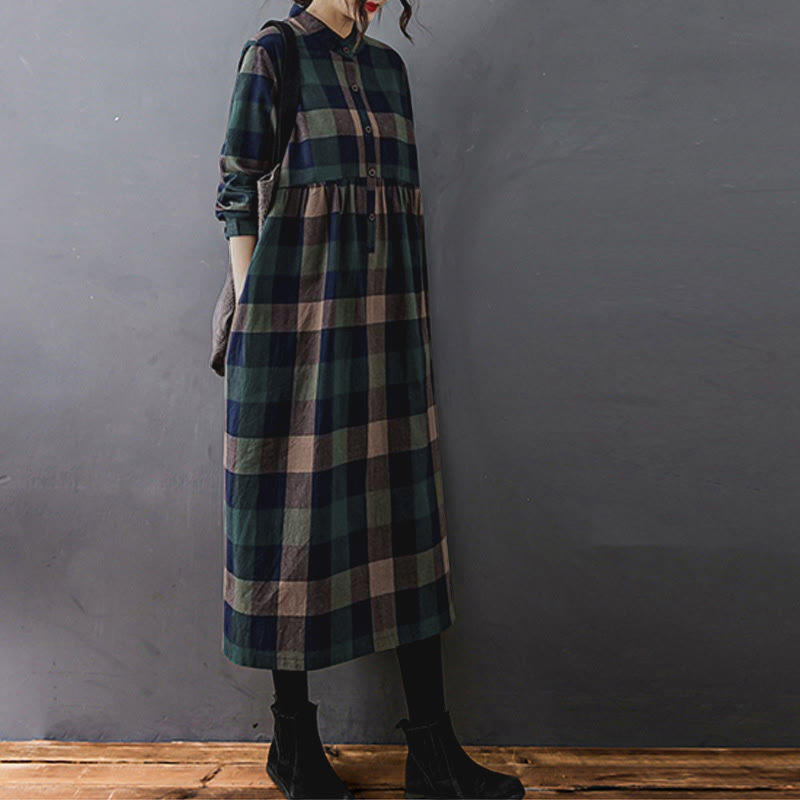 Vestido midi de manga larga a cuadros con estampado de retazos y Buddha Stones para desplazamientos diarios. - image 1