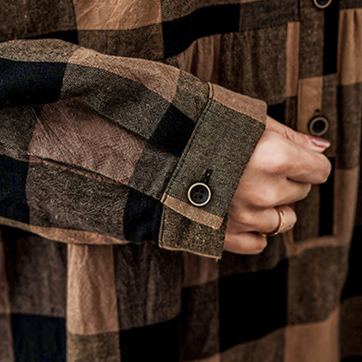 Vestido midi de algodón de manga larga a cuadros de colores con estampado patchwork de Buddha Stones Commute - image 11