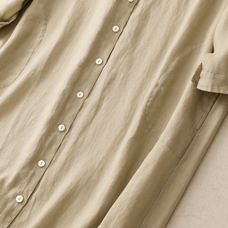 Vestido midi de algodón de manga larga con diseño de botones lisos y bolsillos, estampado de Buddha Stones para el otoño. - image 13