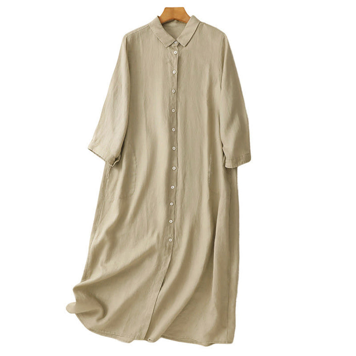 Vestido midi de algodón de manga larga con diseño de botones lisos y bolsillos, estampado de Buddha Stones para el otoño. - image 17