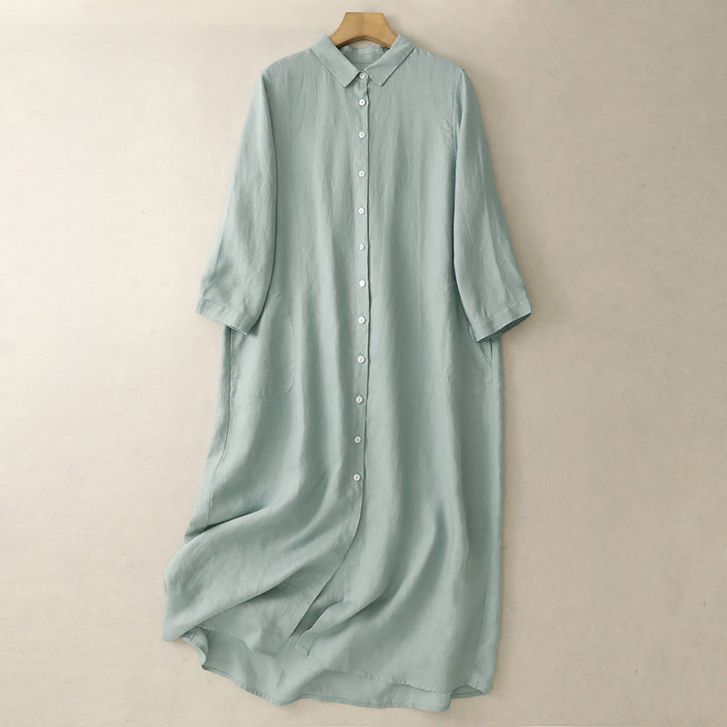 Vestido midi de algodón de manga larga con diseño de botones lisos y bolsillos, estampado de Buddha Stones para el otoño. - Aguamarina medio - US8-10，UK/AU12-14，EU40-42 (2XL) - image 6
