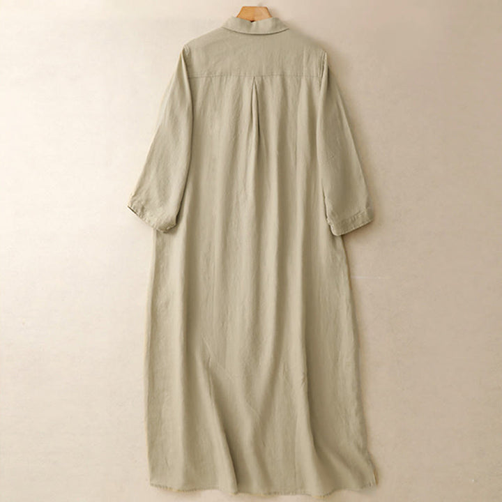 Vestido midi de algodón de manga larga con diseño de botones lisos y bolsillos, estampado de Buddha Stones para el otoño. - image 10
