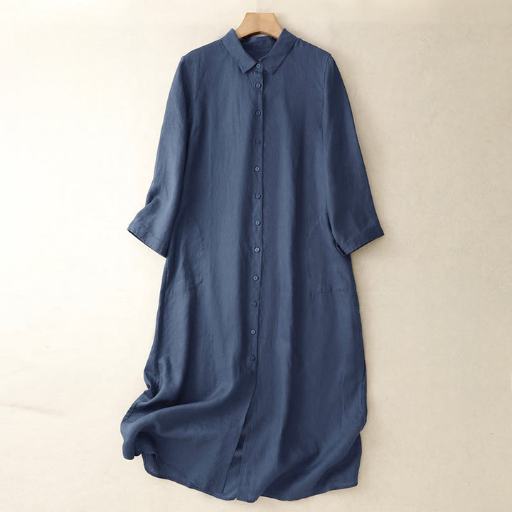Vestido midi de algodón de manga larga con diseño de botones lisos y bolsillos, estampado de Buddha Stones para el otoño. - Azul medianoche - US8-10，UK/AU12-14，EU40-42 (2XL) - image 1
