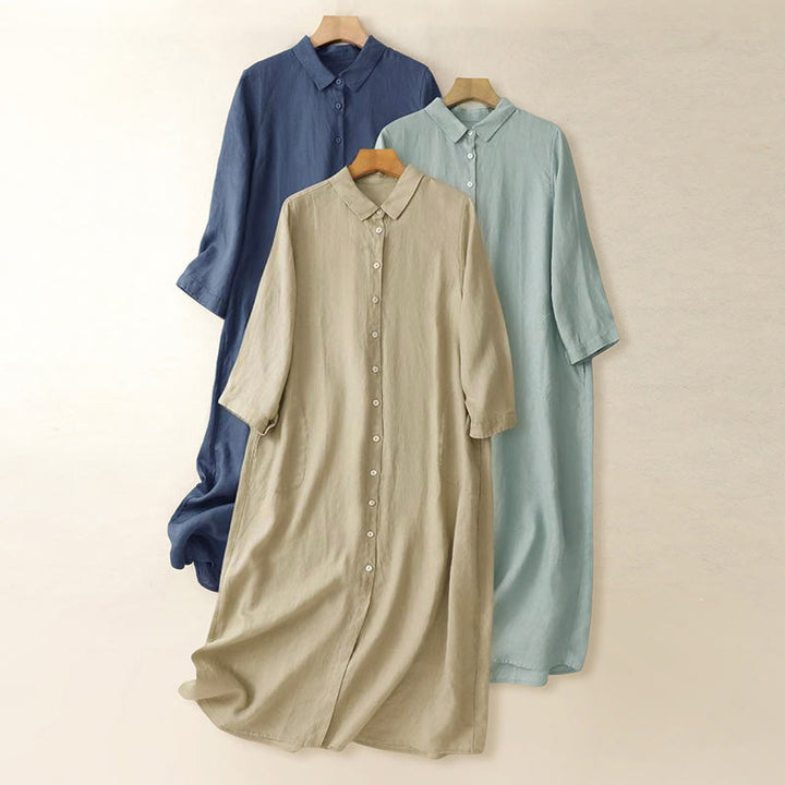 Vestido midi de algodón de manga larga con diseño de botones lisos y bolsillos, estampado de Buddha Stones para el otoño. - image 0