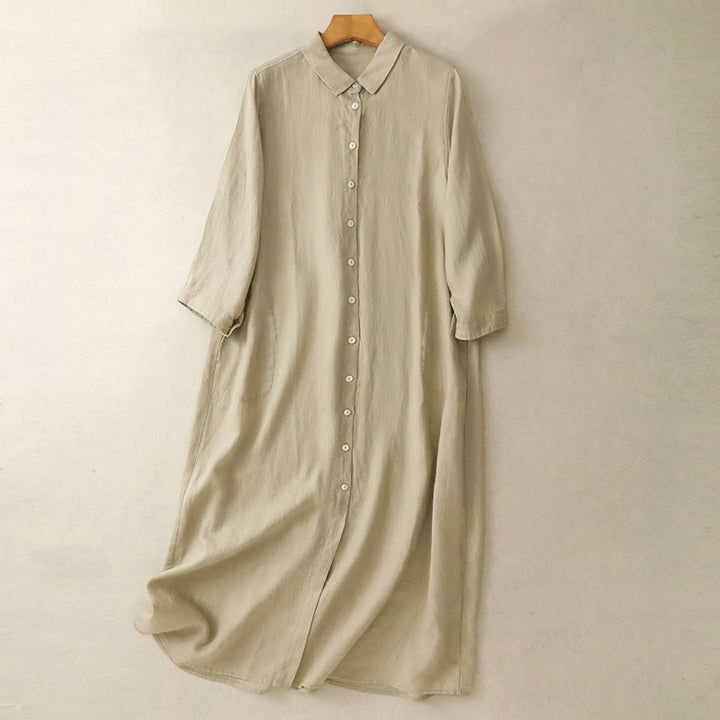 Vestido midi de algodón de manga larga con diseño de botones lisos y bolsillos, estampado de Buddha Stones para el otoño. - Vara de oro pálida - US8-10，UK/AU12-14，EU40-42 (2XL) - image 9