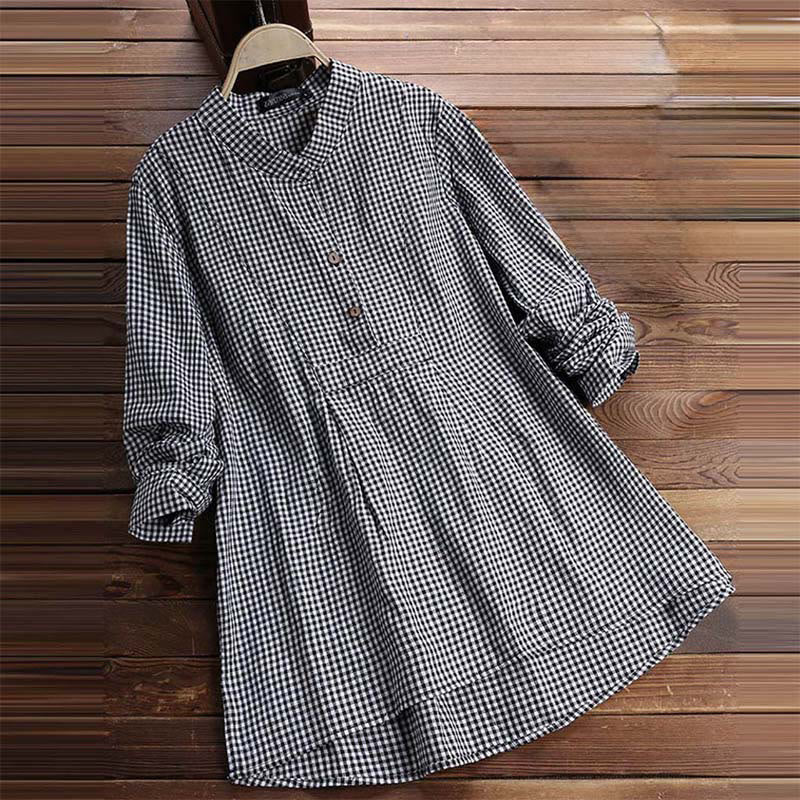 Camisa de manga larga a cuadros con botones y estampado de Buddha Stones para mujer - image 6