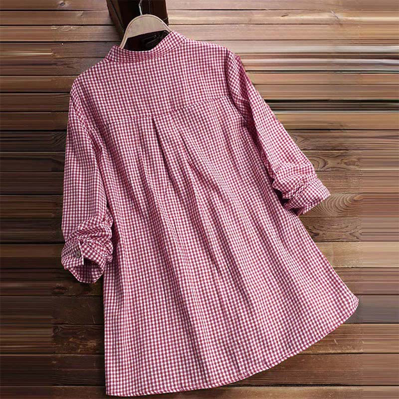 Camisa de manga larga a cuadros con botones y estampado de Buddha Stones para mujer - image 3