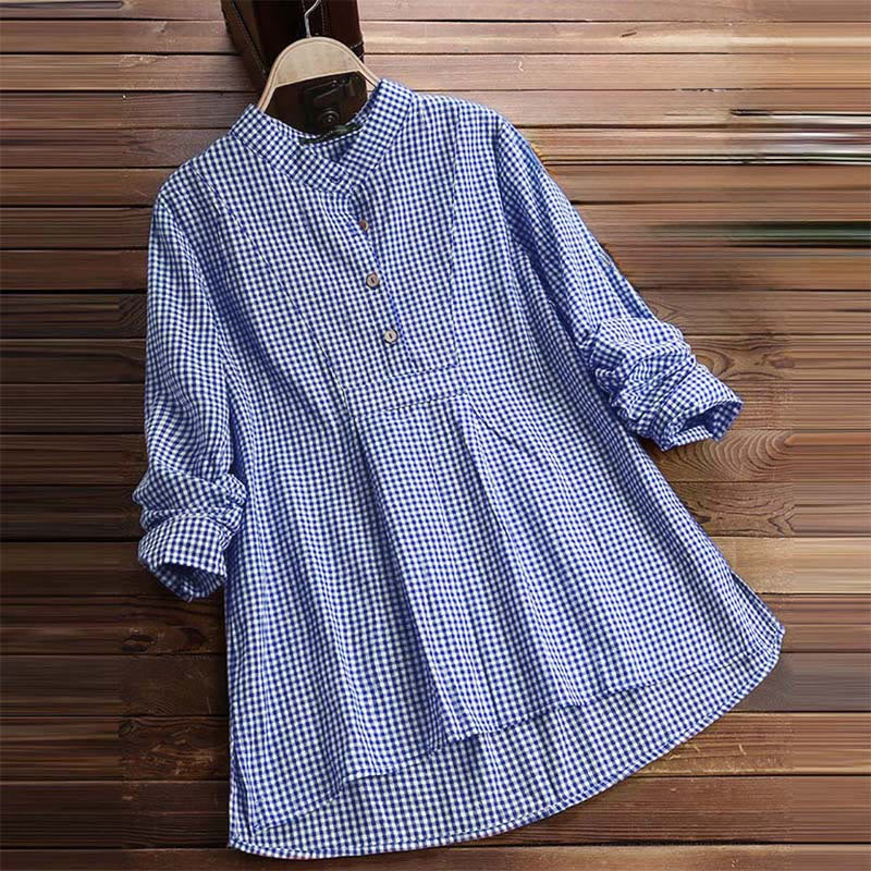 Camisa de manga larga a cuadros con botones y estampado de Buddha Stones para mujer - image 14