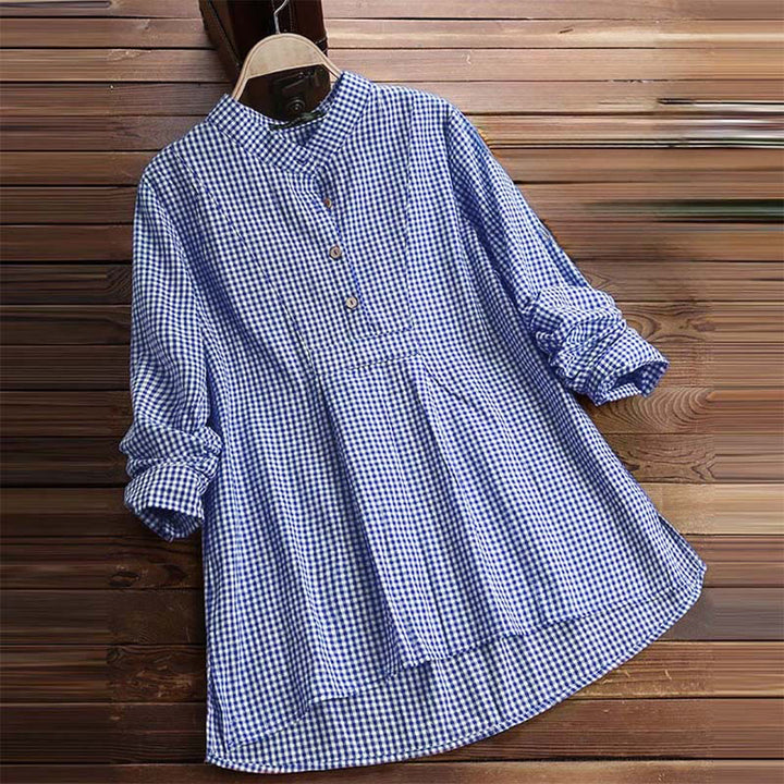 Camisa de manga larga a cuadros con botones y estampado de Buddha Stones para mujer - image 14