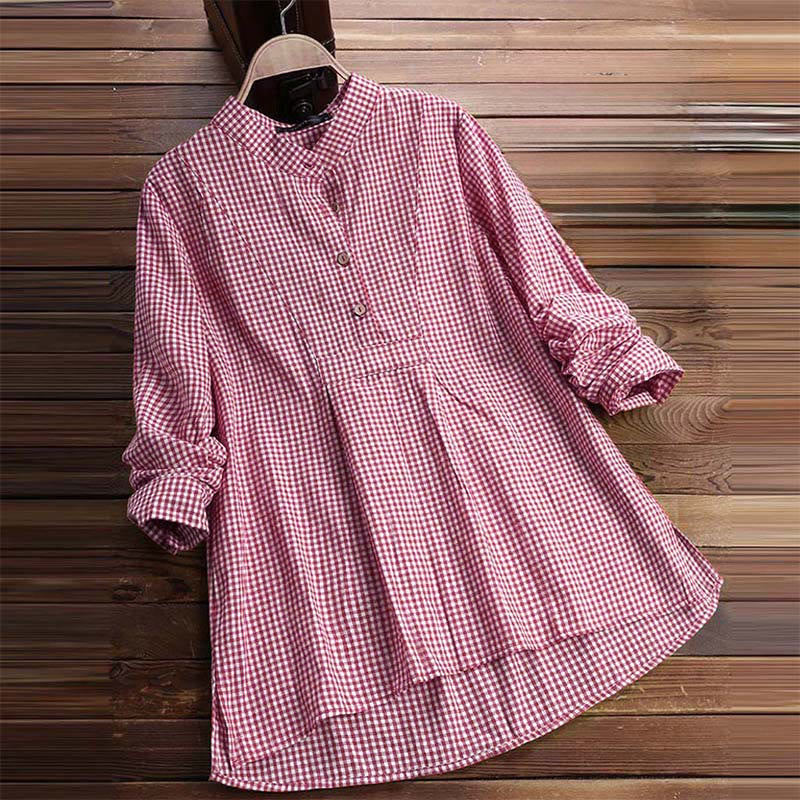 Camisa de manga larga a cuadros con botones y estampado de Buddha Stones para mujer - image 0