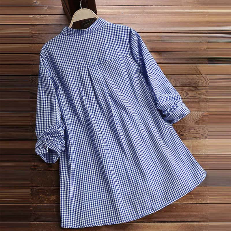 Camisa de manga larga a cuadros con botones y estampado de Buddha Stones para mujer - image 15
