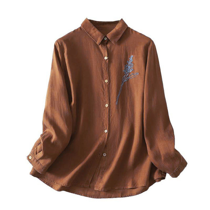 Camisa de mujer de manga larga con botones y flores bordadas de primavera con Buddha Stones - image 16