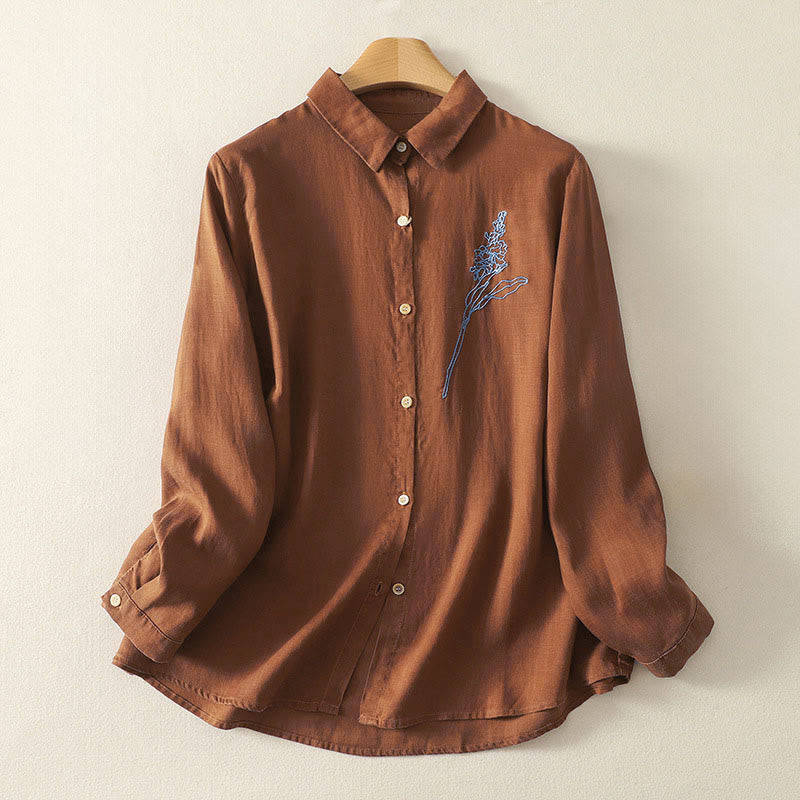 Camisa de mujer de manga larga con botones y flores bordadas de primavera con Buddha Stones - Chocolate - US8-10，UK/AU12-14，EU40-42 (2XL) - image 11