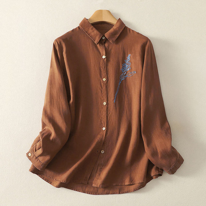 Camisa de mujer de manga larga con botones y flores bordadas de primavera con Buddha Stones - Chocolate - US8-10，UK/AU12-14，EU40-42 (2XL) - image 11