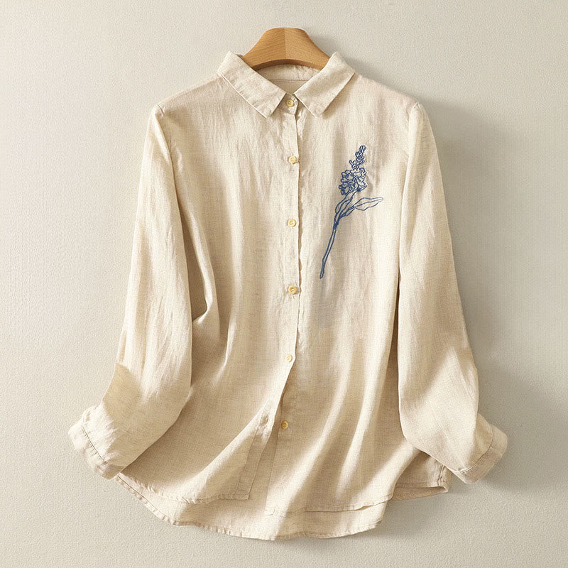 Camisa de mujer de manga larga con botones y flores bordadas de primavera con Buddha Stones - Amarillo claro - US8-10，UK/AU12-14，EU40-42 (2XL) - image 1