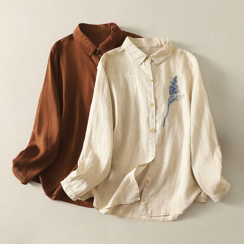 Camisa de mujer de manga larga con botones y flores bordadas de primavera con Buddha Stones - image 0