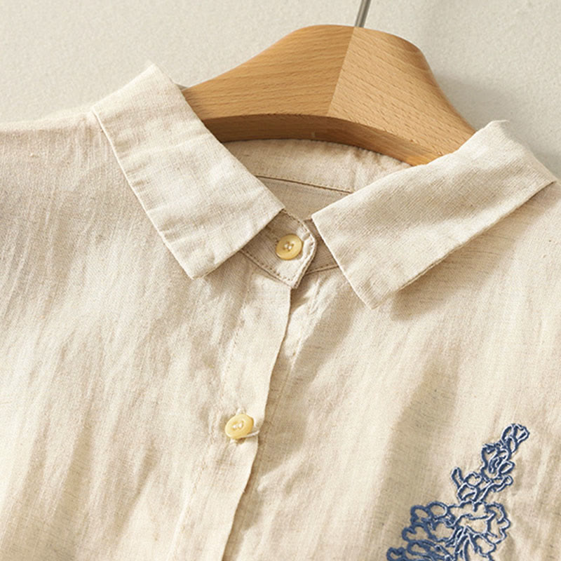 Camisa de mujer de manga larga con botones y flores bordadas de primavera con Buddha Stones - image 3