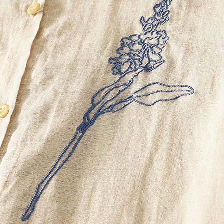 Camisa de mujer de manga larga con botones y flores bordadas de primavera con Buddha Stones - image 6
