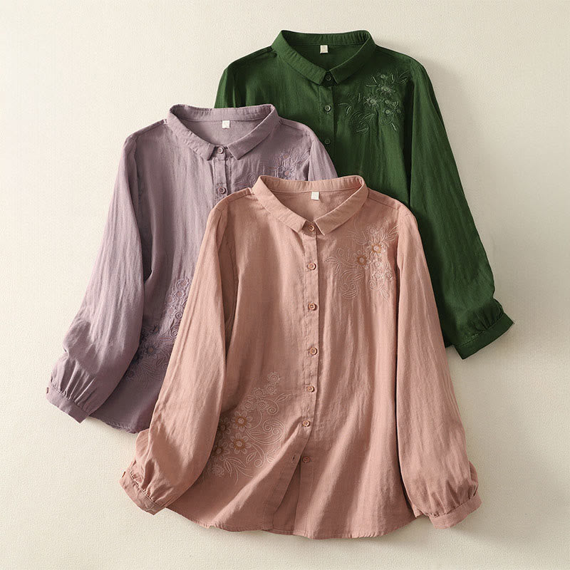 Camisa de manga larga con solapa para mujer, con bordado de Buddha Stones y estampado de flores y enredaderas. - image 0