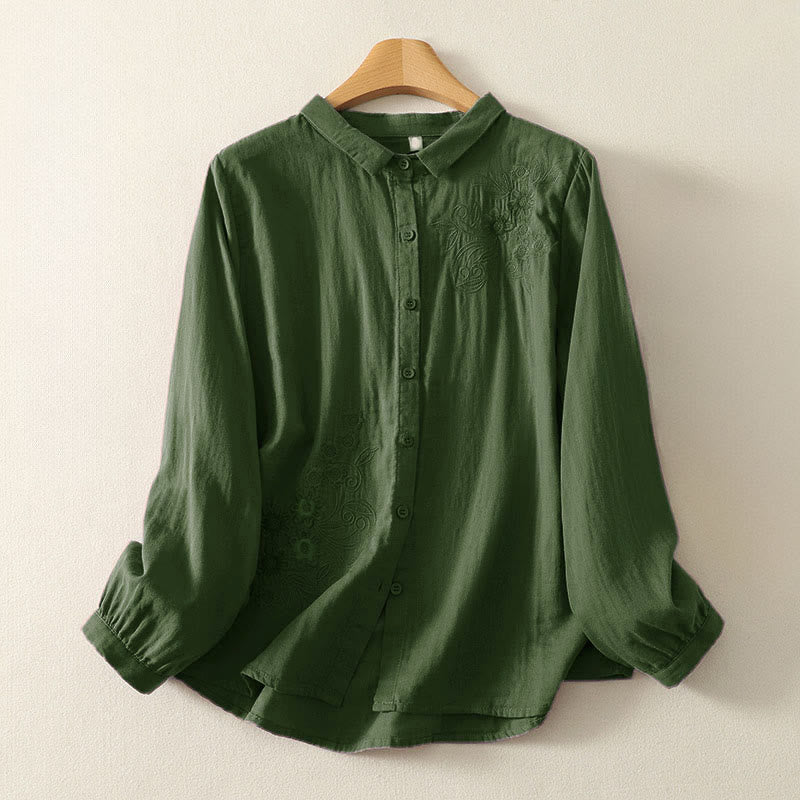 Camisa de manga larga con solapa para mujer con estampado de flores y Buddha Stones - Verde oscuro - US8-10，UK/AU12-14，EU40-42 (2XL) - image 1