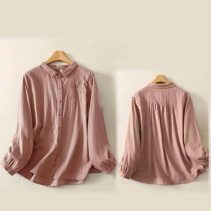 Camisa de manga larga con solapa para mujer, con bordado de Buddha Stones y estampado de flores y enredaderas. - image 16