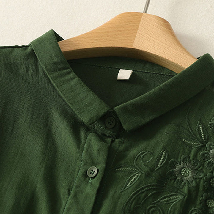 Camisa de manga larga con solapa para mujer, con bordado de Buddha Stones y estampado de flores y enredaderas. - image 2