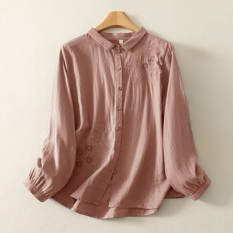 Camisa de manga larga con solapa para mujer con estampado de flores y Buddha Stones - Salmón oscuro - US8-10，UK/AU12-14，EU40-42 (2XL) - image 7